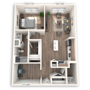Rendering of the Casablanca floor plan with 1 bedroom[s] and 1.5 bathroom[s] at Griffis at The Domain