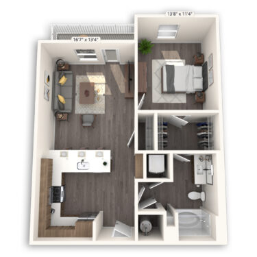 Rendering of the Cook floor plan with 1 bedroom[s] and 1 bathroom[s] at Griffis Cherry Creek North
