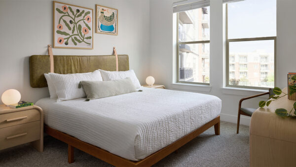 Spacious apartment Bedroom with plush carpet flooring.