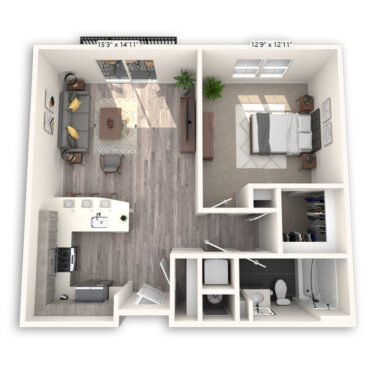 Rendering of the Commons floor plan with 1 bedroom[s] and 1 bathroom[s] at Griffis Cheesman Park