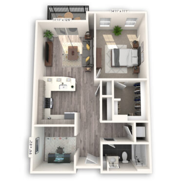 Rendering of the Curtis floor plan with 1 bedroom[s] and 1 bathroom[s] at Griffis Cheesman Park