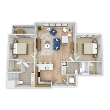 Rendering of the Kenosha floor plan with 2 bedroom[s] and 2 bathroom[s] at Griffis Platform Union Station