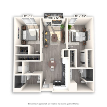 Rendering of the Tang floor plan with 2 bedroom[s] and 2 bathroom[s] at Griffis East Village