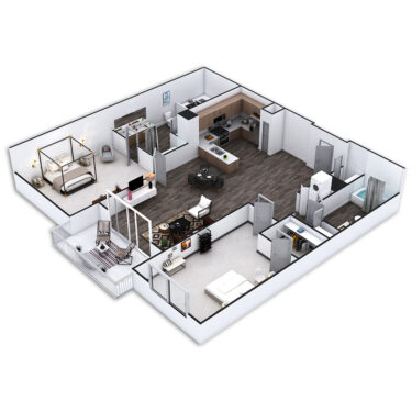 Rendering of the Newport floor plan with 2 bedroom[s] and 2 bathroom[s] at Griffis Pine Avenue