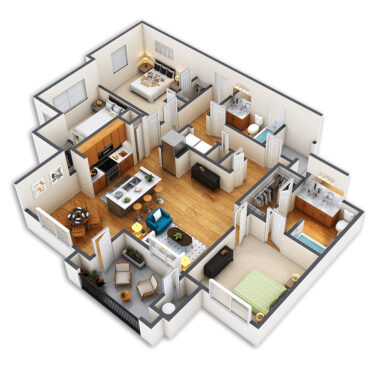 Rendering of the Lawrence1 floor plan with 3 bedroom[s] and 2 bathroom[s] at Griffis Fitzsimons South
