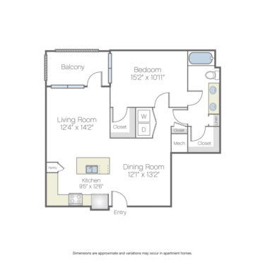 Rendering of the Reagan floor plan with 1 bedroom[s] and 1 bathroom[s] at Griffis Oak Lawn