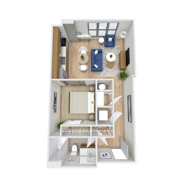 Rendering of the Clarks floor plan with a Studio bedroom and 1 bathroom[s] at Griffis Platform Union Station