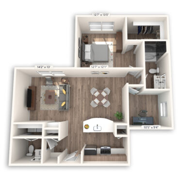 Rendering of the Shanghai floor plan with 1 bedroom[s] and 1.5 bathroom[s] at Griffis at The Domain