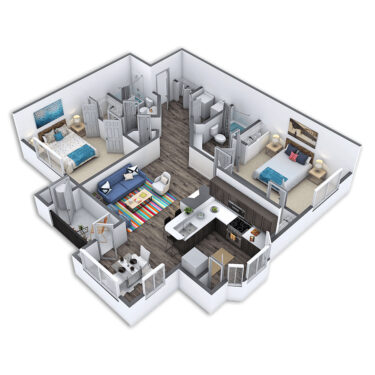 Rendering of the Vaughan floor plan with 2 bedroom[s] and 2 bathroom[s] at Griffis SoCo Austin