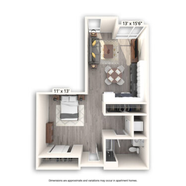 Rendering of the Fletcher Platinum floor plan with a Studio bedroom and 1 bathroom[s] at Griffis East Village