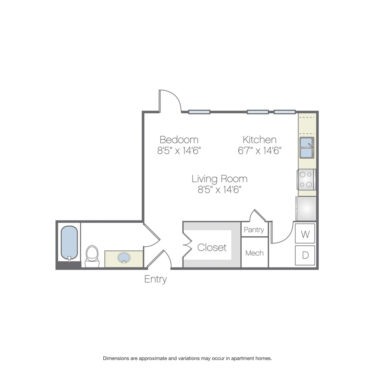 Rendering of the Brown floor plan with a Studio bedroom and 1 bathroom[s] at Griffis Oak Lawn