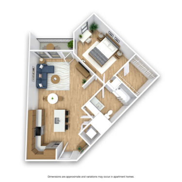 Rendering of the Hi-Dive Platinum  floor plan with 1 bedroom[s] and 1 bathroom[s] at Griffis at Fiddler's Green