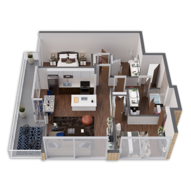 Rendering of the Link floor plan with 2 bedroom[s] and 2 bathroom[s] at Griffis South Waterfront