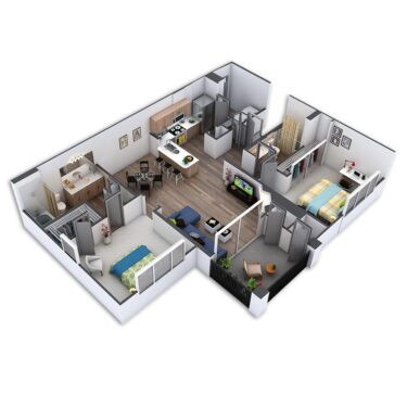 Rendering of the Metro floor plan with 2 bedroom[s] and 2 bathroom[s] at Griffis Belleview Station