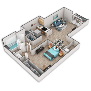 Rendering of the Roosevelt floor plan with 1 bedroom[s] and 1 bathroom[s] at Griffis Belltown