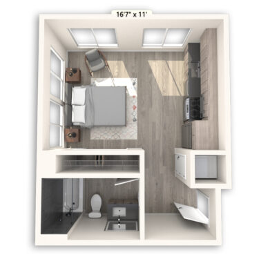 Rendering of the Beacon Platinum floor plan with a Studio bedroom and 1 bathroom[s] at Griffis Seattle Waterfront