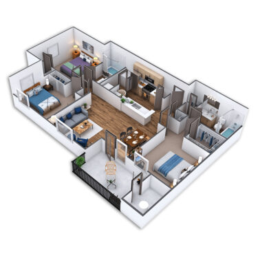 Rendering of the Alcantara floor plan with 3 bedroom[s] and 2 bathroom[s] at Griffis North Creek