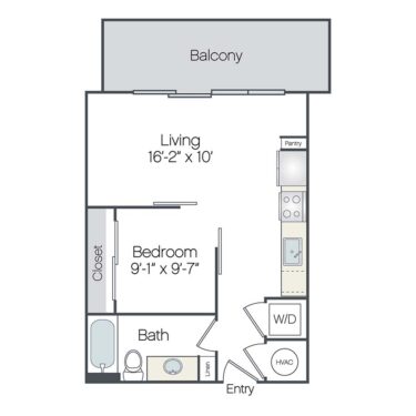 Rendering of the Delray floor plan with 1 bedroom[s] and 1 bathroom[s] at Griffis West Palm