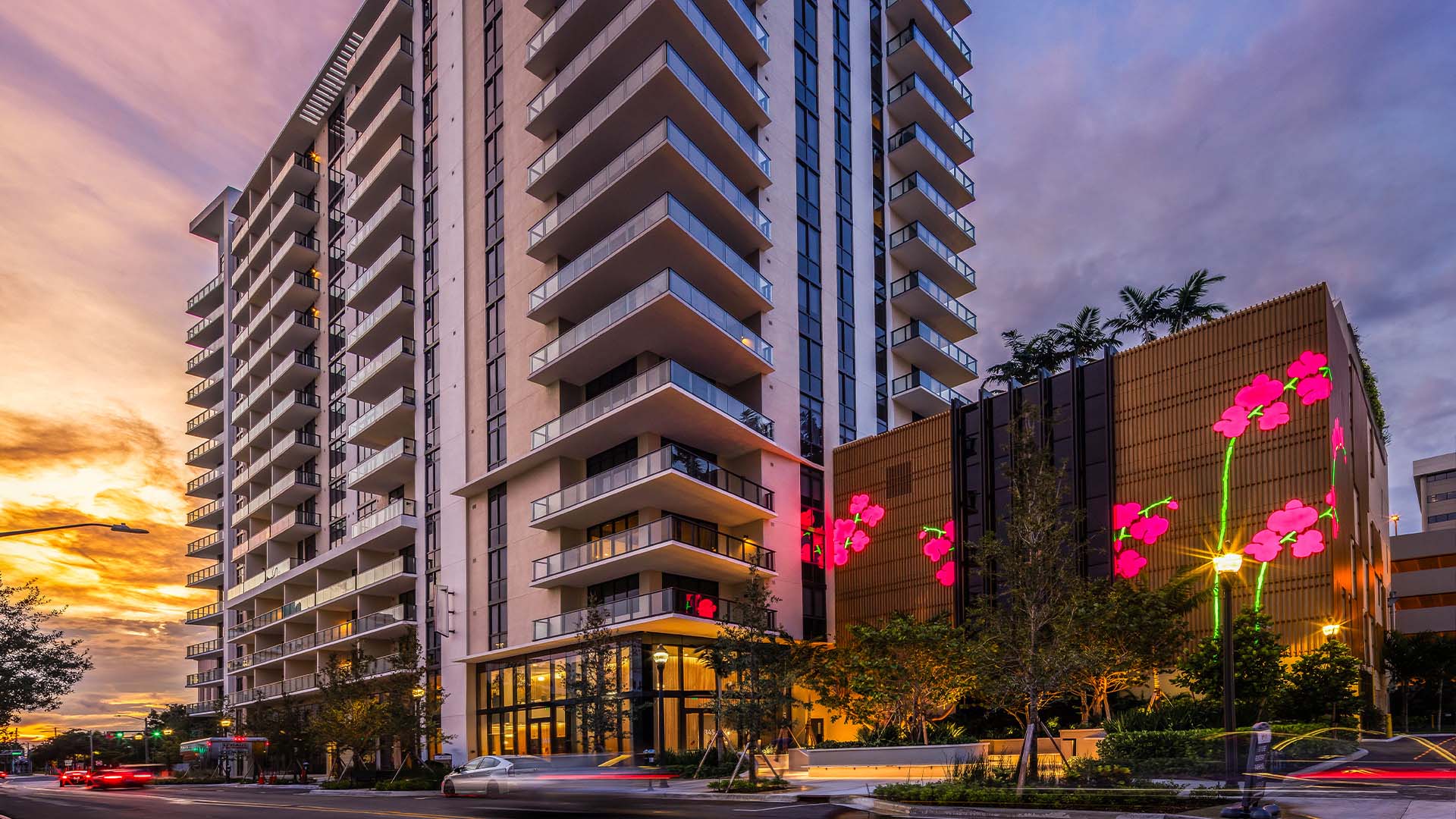 Griffis West Palm apartments at dusk in West Palm Beach, Florida.