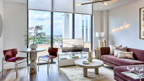 Apartment Living Room with Floor-to-Ceiling Windows and Wood Style Flooring