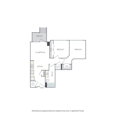 Rendering of the Ridge MP floor plan with 2 bedroom[s] and 1 bathroom[s] at Griffis Edgemoor