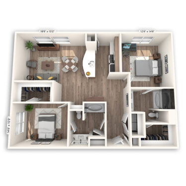 Rendering of the Cordoba floor plan with 2 bedroom[s] and 2 bathroom[s] at Griffis at The Domain