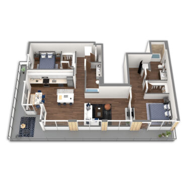 Rendering of the Hood Platinum Penthouse floor plan with 2 bedroom[s] and 2 bathroom[s] at Griffis South Waterfront