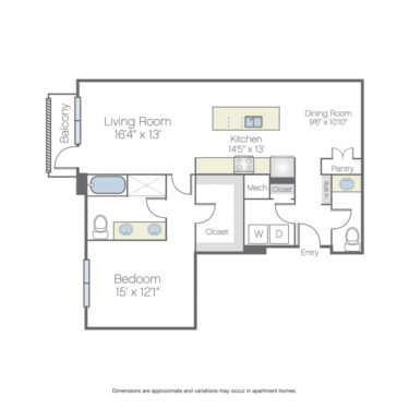 Rendering of the Shelby floor plan with 1 bedroom[s] and 1.5 bathroom[s] at Griffis Oak Lawn