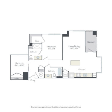 Rendering of the Glenbrook floor plan with 2 bedroom[s] and 2 bathroom[s] at Griffis Edgemoor