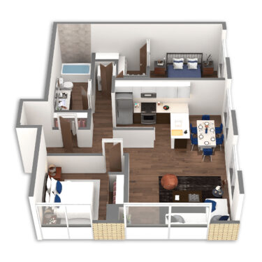 Rendering of the Millicoma floor plan with 2 bedroom[s] and 1 bathroom[s] at Griffis South Waterfront