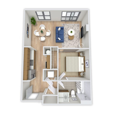 Rendering of the Hagues floor plan with a Studio bedroom and 1 bathroom[s] at Griffis Platform Union Station