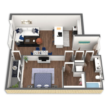 Rendering of the Blue Platinum floor plan with 1 bedroom[s] and 1 bathroom[s] at Griffis South Waterfront