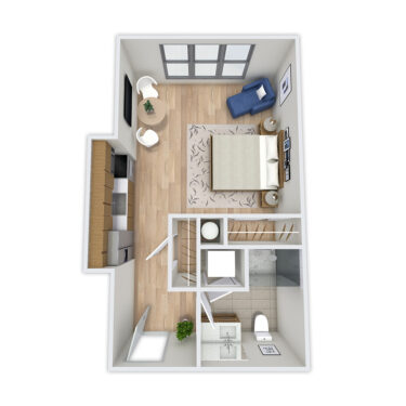 Rendering of the Arapaho floor plan with a Studio bedroom and 1 bathroom[s] at Griffis Platform Union Station
