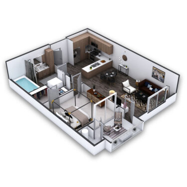Rendering of the Junipero Platinum floor plan with 1 bedroom[s] and 1 bathroom[s] at Griffis Pine Avenue