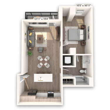 Rendering of the Evans floor plan with 1 bedroom[s] and 1 bathroom[s] at Griffis LoDo
