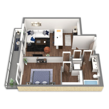 Rendering of the Fern Platinum floor plan with 1 bedroom[s] and 1 bathroom[s] at Griffis South Waterfront