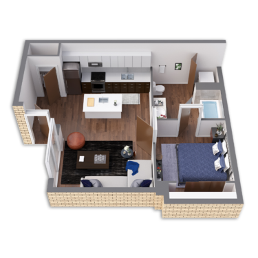 Rendering of the Wilson Platinum floor plan with a Studio bedroom and 1 bathroom[s] at Griffis South Waterfront
