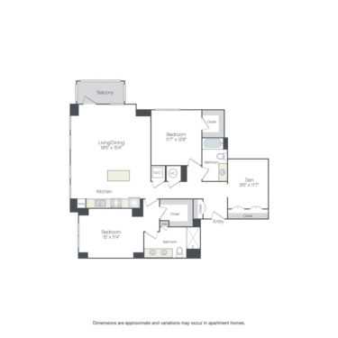 Rendering of the Pearl floor plan with 2 bedroom[s] and 2 bathroom[s] at Griffis Edgemoor