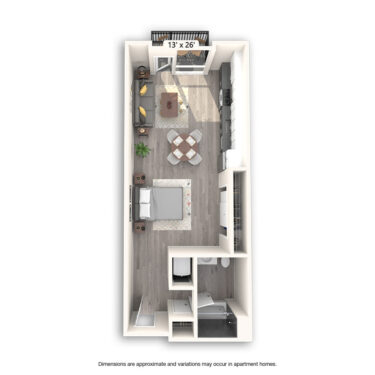 Rendering of the Alabama Platinum floor plan with a Studio bedroom and 1 bathroom[s] at Griffis East Village