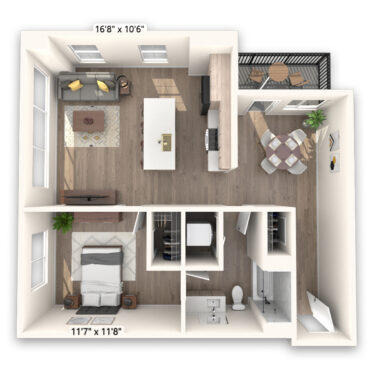 Rendering of the Pikes Platinum floor plan with 1 bedroom[s] and 1 bathroom[s] at Griffis LoDo