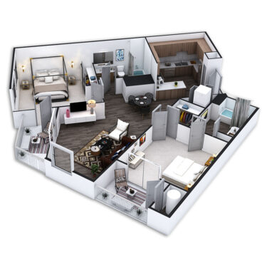 Rendering of the Huntington Platinum floor plan with 2 bedroom[s] and 2 bathroom[s] at Griffis Pine Avenue