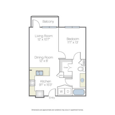 Rendering of the Fairmount floor plan with 1 bedroom[s] and 1 bathroom[s] at Griffis Oak Lawn
