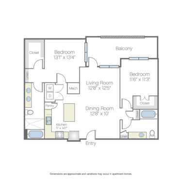 Rendering of the Welbourn floor plan with 2 bedroom[s] and 2 bathroom[s] at Griffis Oak Lawn