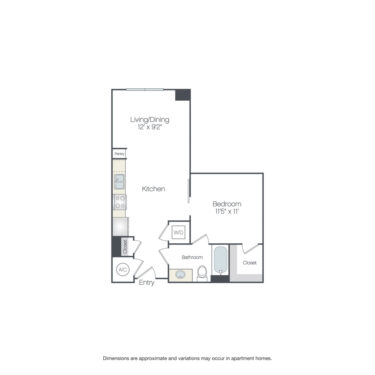Rendering of the Burling floor plan with 1 bedroom[s] and 1 bathroom[s] at Griffis Edgemoor