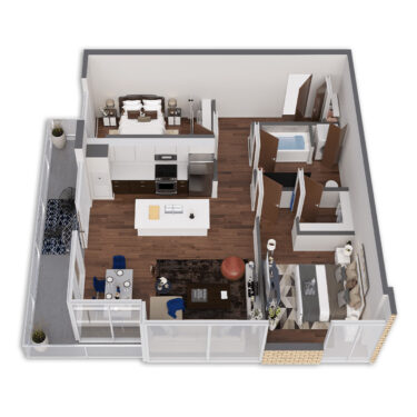 Rendering of the Kings Platinum floor plan with 2 bedroom[s] and 1 bathroom[s] at Griffis South Waterfront