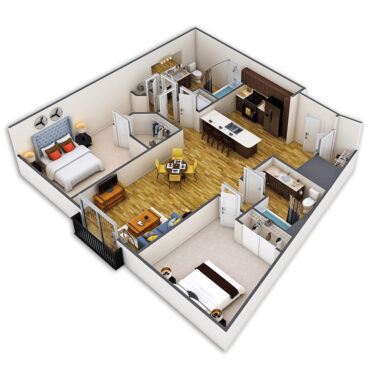 Rendering of the Little Raven floor plan with 2 bedroom[s] and 2 bathroom[s] at Griffis Union Station