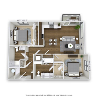 Rendering of the Fairfax floor plan with 2 bedroom[s] and 2 bathroom[s] at Griffis Cherry Creek North