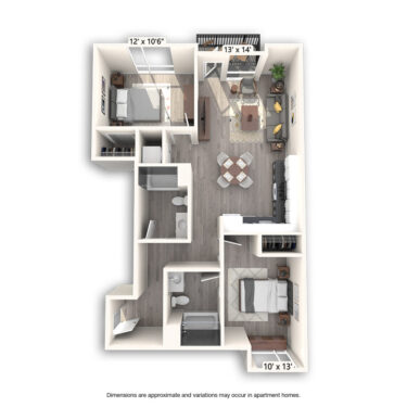 Rendering of the Wasp floor plan with 2 bedroom[s] and 2 bathroom[s] at Griffis East Village