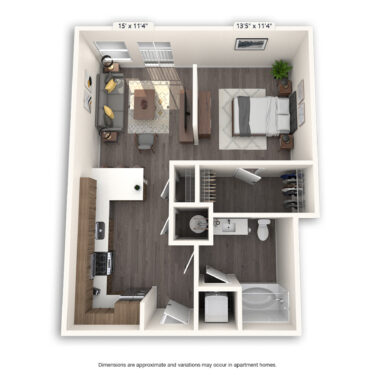 Rendering of the Cedar Platinum floor plan with a Studio bedroom and 1 bathroom[s] at Griffis Cherry Creek North