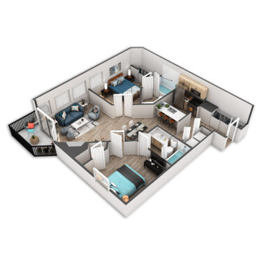 Rendering of the Elliott floor plan with 2 bedroom[s] and 2 bathroom[s] at Griffis Belltown